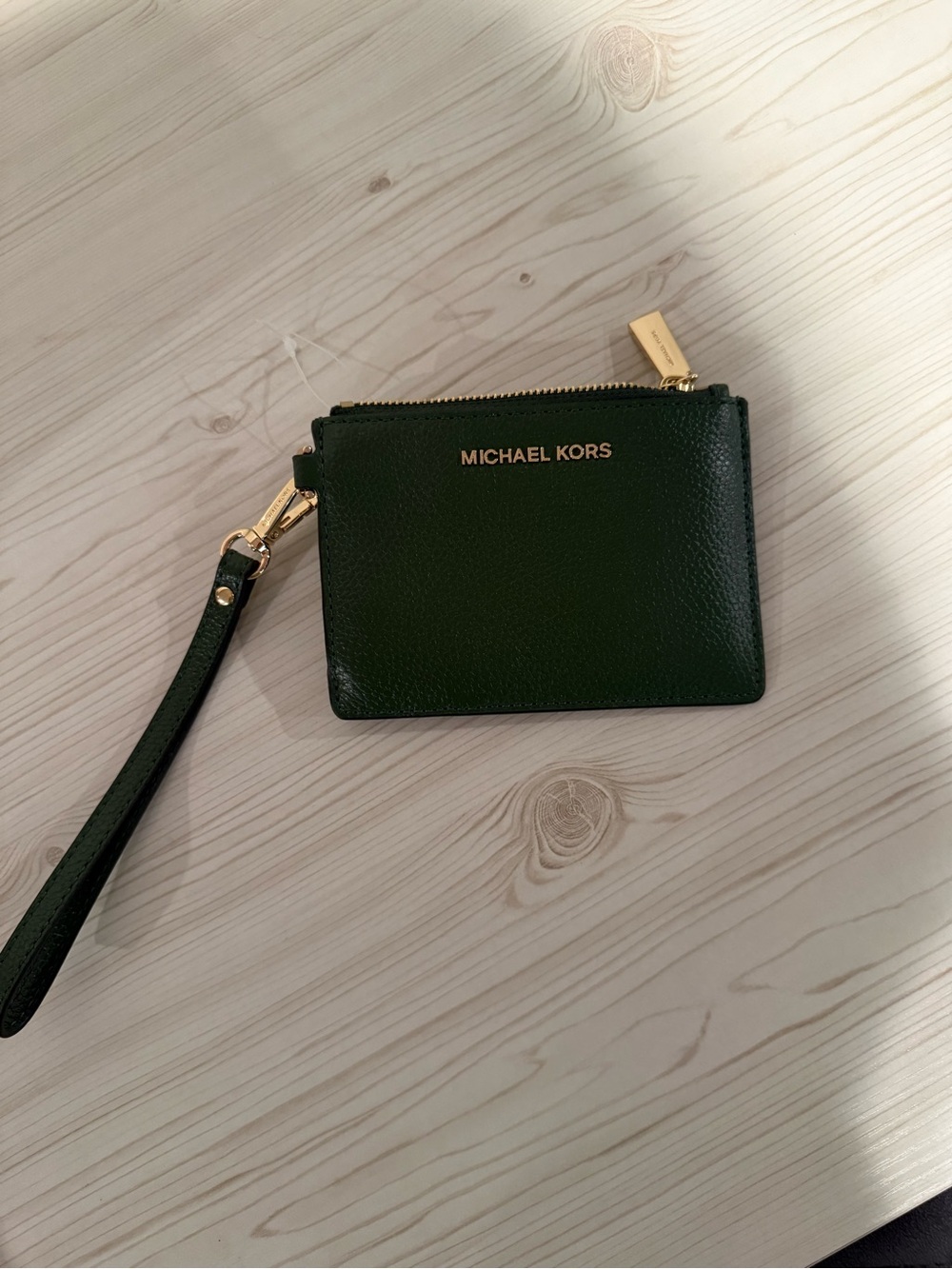 Michael Kors Forest Green Leather Wristlet Card Case with Gold Hardware